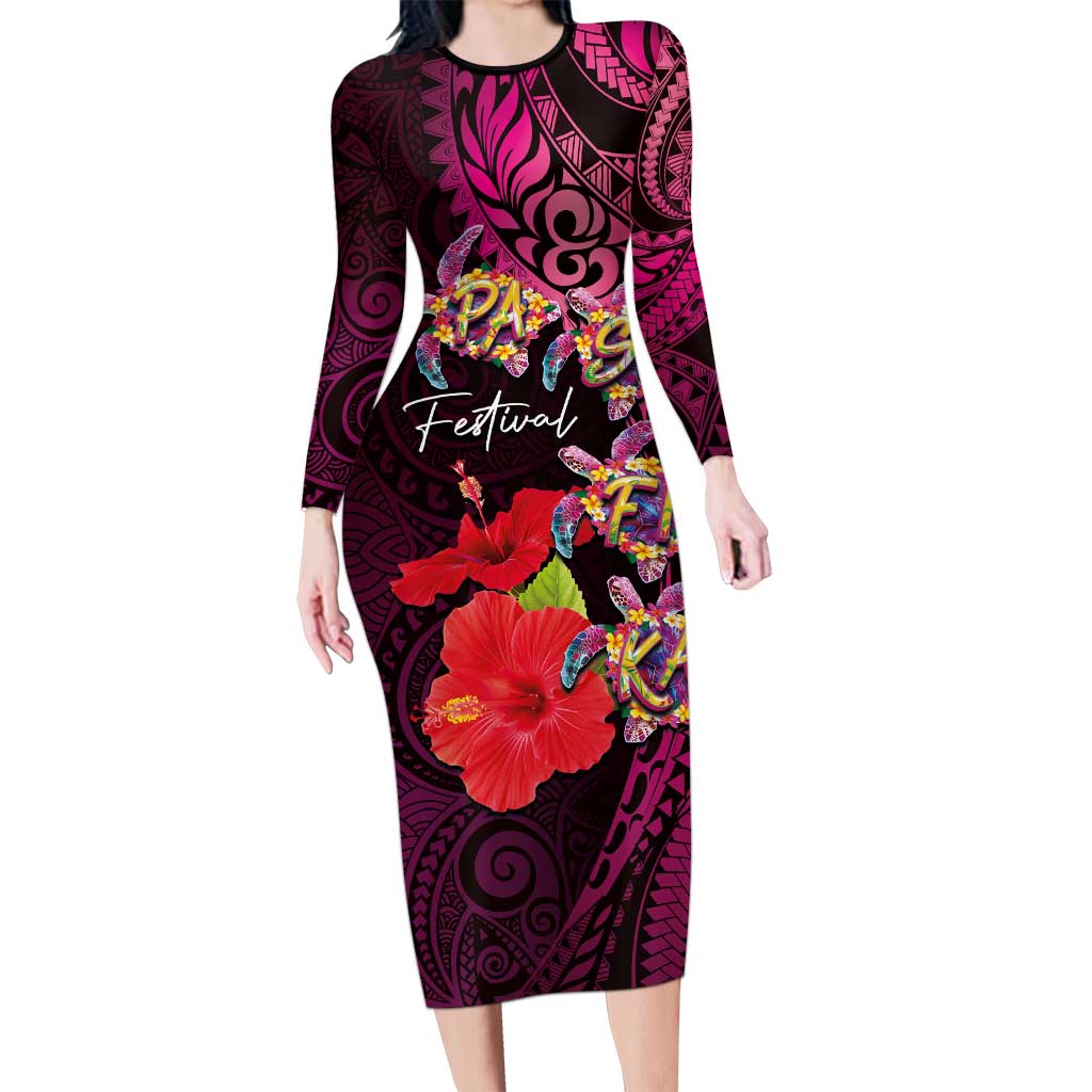 Pasifika Festival Long Sleeve Bodycon Dress Plumeria Turtles with Hibiscus - Polynesian Art Tattoo Pink Color