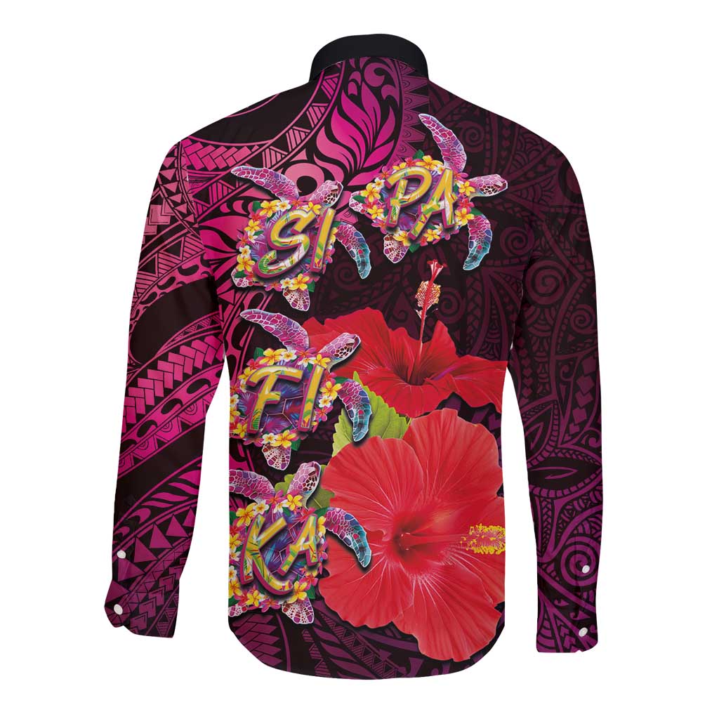 Pasifika Festival Long Sleeve Button Shirt Plumeria Turtles with Hibiscus - Polynesian Art Tattoo Pink Color