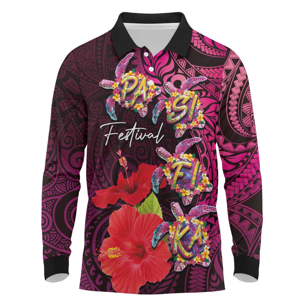 Pasifika Festival Long Sleeve Polo Shirt Plumeria Turtles with Hibiscus - Polynesian Art Tattoo Pink Color LT03 Pink - Polynesian Pride