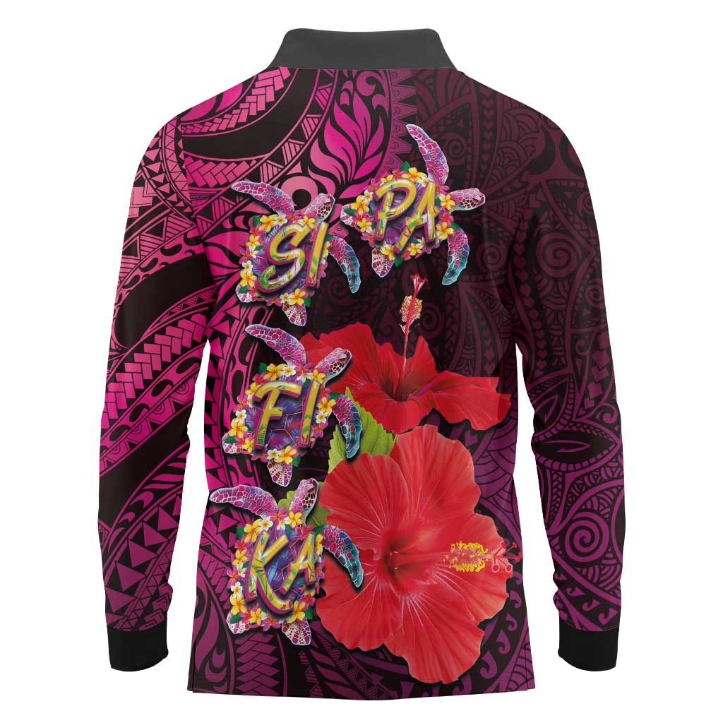 Pasifika Festival Long Sleeve Polo Shirt Plumeria Turtles with Hibiscus - Polynesian Art Tattoo Pink Color LT03 - Polynesian Pride