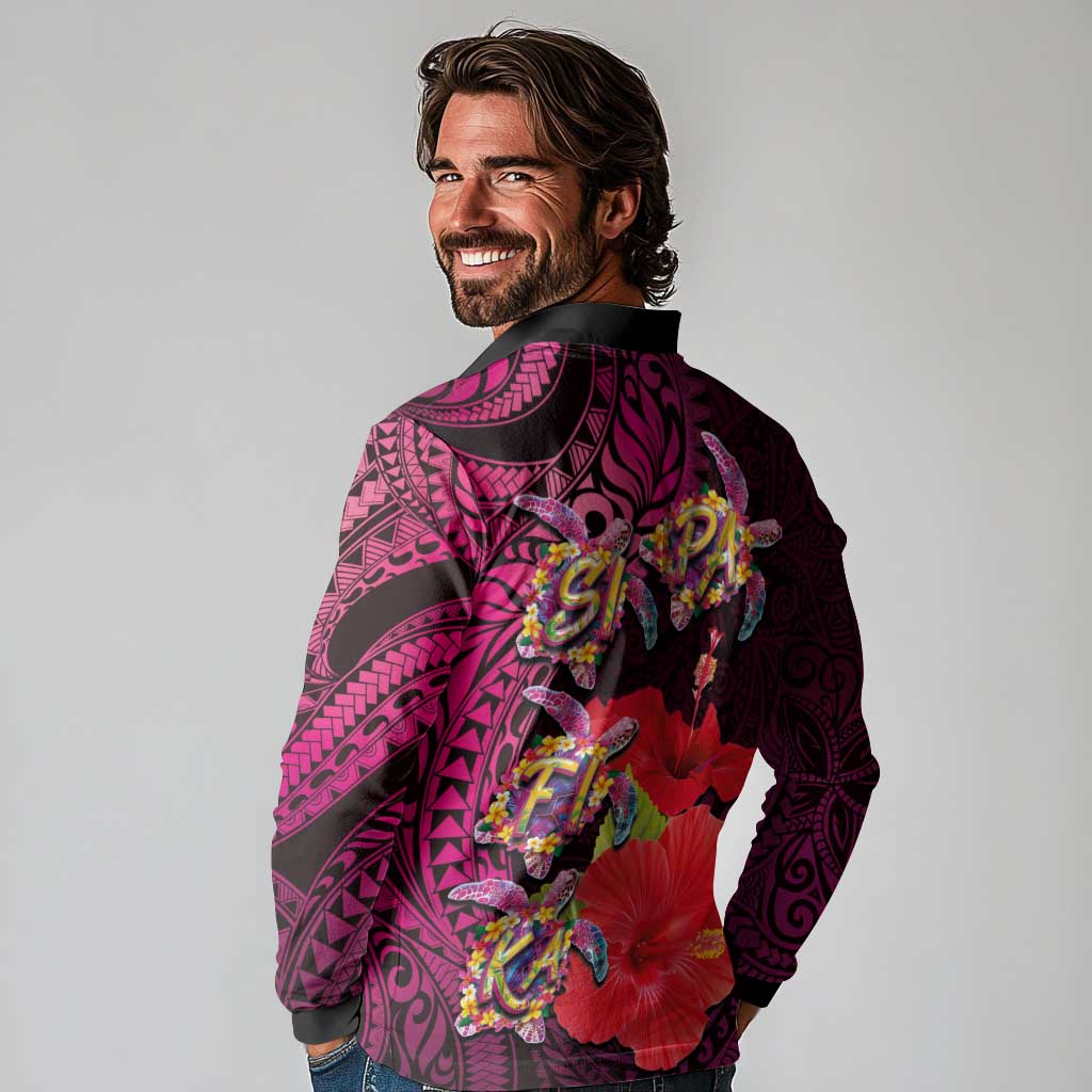 Pasifika Festival Long Sleeve Polo Shirt Plumeria Turtles with Hibiscus - Polynesian Art Tattoo Pink Color LT03 - Polynesian Pride