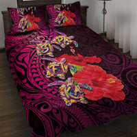 Pasifika Festival Quilt Bed Set Plumeria Turtles with Hibiscus - Polynesian Art Tattoo Pink Color