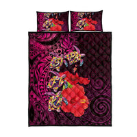 Pasifika Festival Quilt Bed Set Plumeria Turtles with Hibiscus - Polynesian Art Tattoo Pink Color