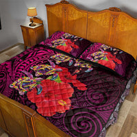 Pasifika Festival Quilt Bed Set Plumeria Turtles with Hibiscus - Polynesian Art Tattoo Pink Color