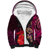 Pasifika Festival Sherpa Hoodie Plumeria Turtles with Hibiscus - Polynesian Art Tattoo Pink Color