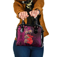 Pasifika Festival Shoulder Handbag Plumeria Turtles with Hibiscus - Polynesian Art Tattoo Pink Color