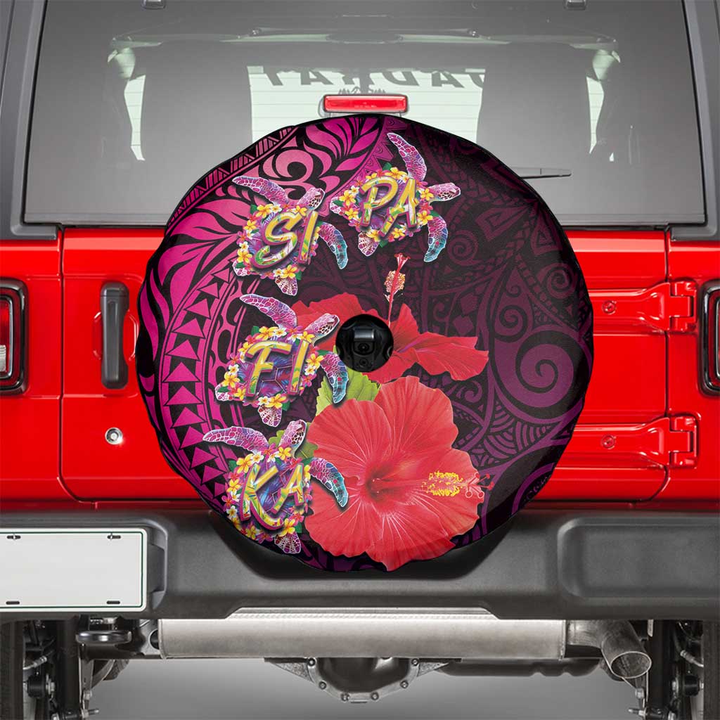 Pasifika Festival Spare Tire Cover Plumeria Turtles with Hibiscus - Polynesian Art Tattoo Pink Color