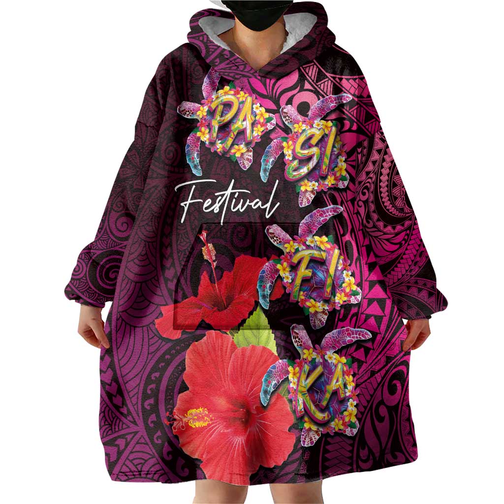 Pasifika Festival Wearable Blanket Hoodie Plumeria Turtles with Hibiscus - Polynesian Art Tattoo Pink Color