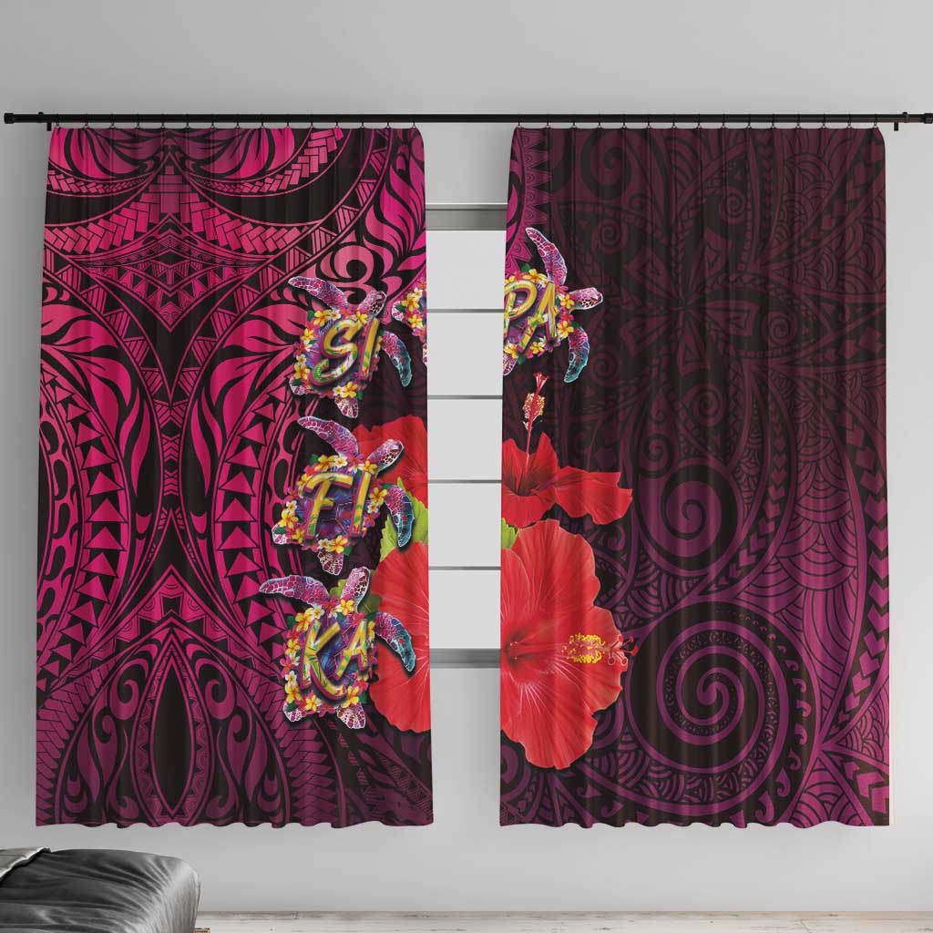 Pasifika Festival Window Curtain Plumeria Turtles with Hibiscus - Polynesian Art Tattoo Pink Color