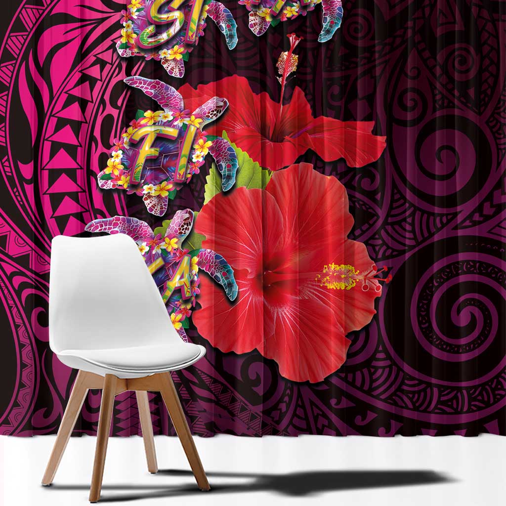 Pasifika Festival Window Curtain Plumeria Turtles with Hibiscus - Polynesian Art Tattoo Pink Color