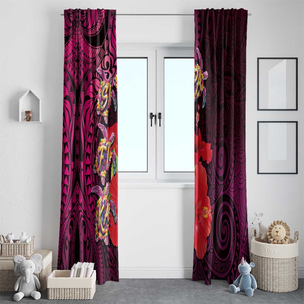 Pasifika Festival Window Curtain Plumeria Turtles with Hibiscus - Polynesian Art Tattoo Pink Color