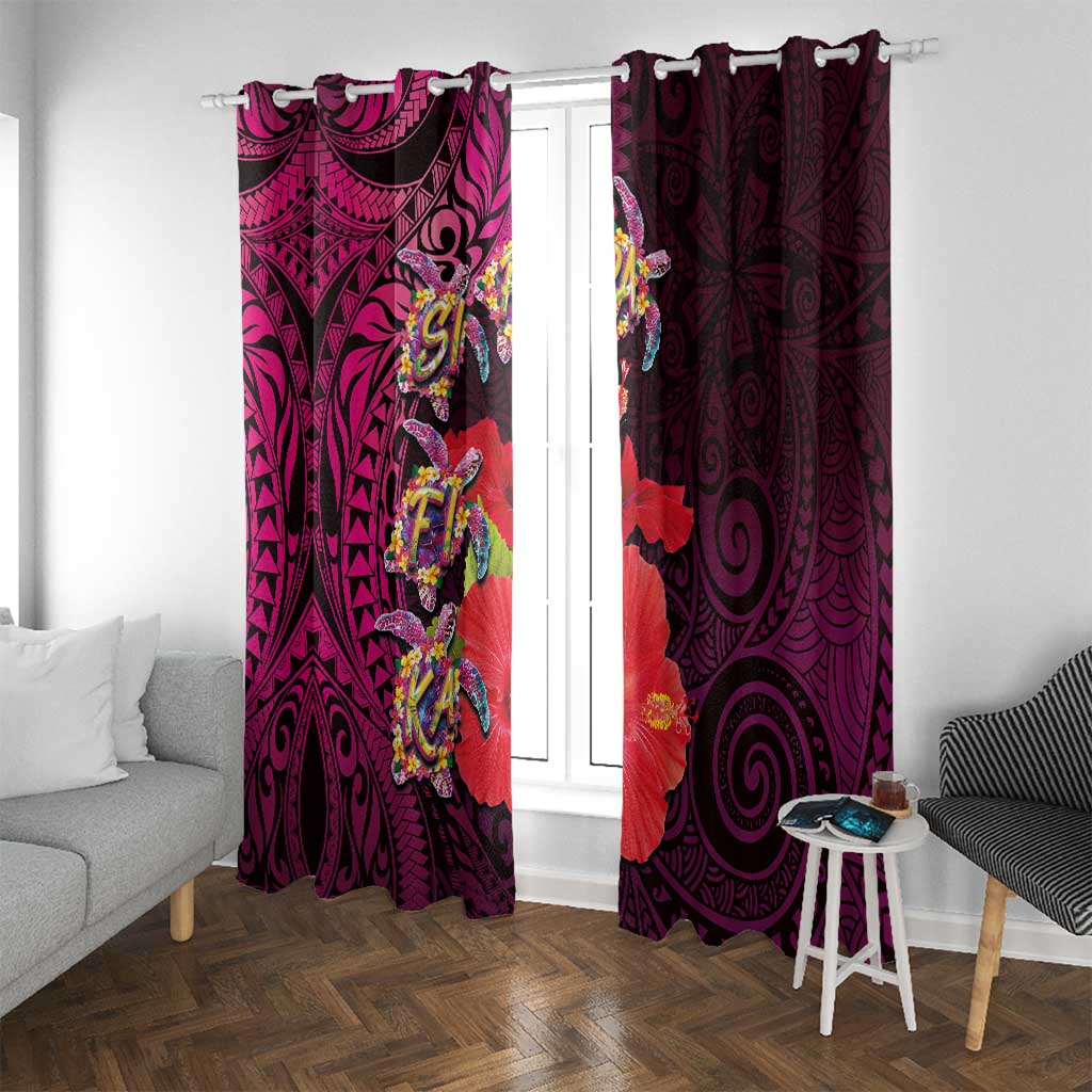 Pasifika Festival Window Curtain Plumeria Turtles with Hibiscus - Polynesian Art Tattoo Pink Color