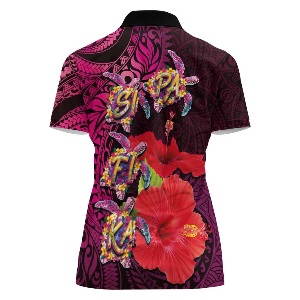 Pasifika Festival Women Polo Shirt Plumeria Turtles with Hibiscus - Polynesian Art Tattoo Pink Color