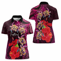 Pasifika Festival Women Polo Shirt Plumeria Turtles with Hibiscus - Polynesian Art Tattoo Pink Color