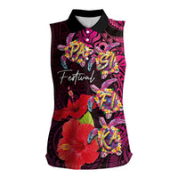 Pasifika Festival Women Sleeveless Polo Shirt Plumeria Turtles with Hibiscus - Polynesian Art Tattoo Pink Color LT03 Female Pink - Polynesian Pride