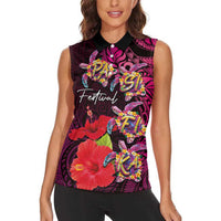 Pasifika Festival Women Sleeveless Polo Shirt Plumeria Turtles with Hibiscus - Polynesian Art Tattoo Pink Color LT03 - Polynesian Pride