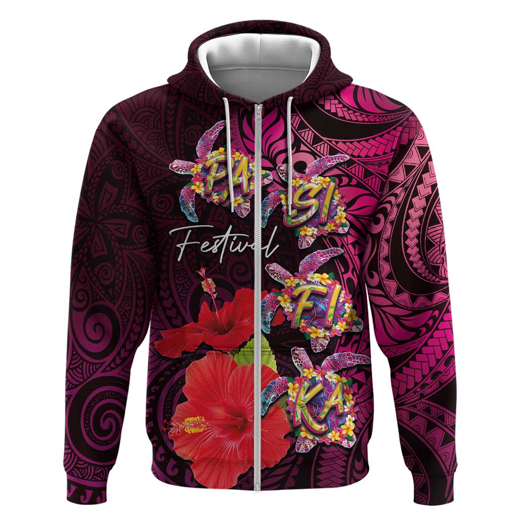 Pasifika Festival Zip Hoodie Plumeria Turtles with Hibiscus - Polynesian Art Tattoo Pink Color