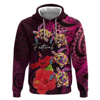 Pasifika Festival Zip Hoodie Plumeria Turtles with Hibiscus - Polynesian Art Tattoo Pink Color
