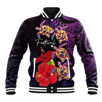 Pasifika Festival Baseball Jacket Plumeria Turtles with Hibiscus - Polynesian Art Tattoo Purple Color LT03 Unisex Purple - Polynesian Pride