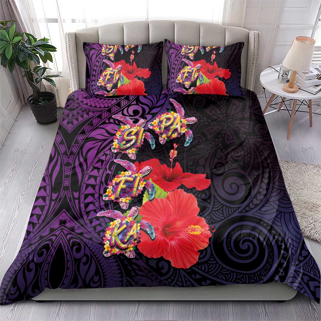 Pasifika Festival Bedding Set Plumeria Turtles with Hibiscus - Polynesian Art Tattoo Purple Color