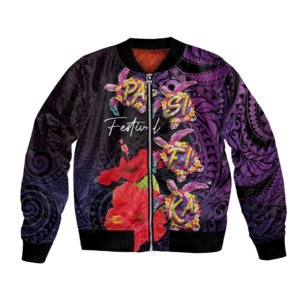 Pasifika Festival Bomber Jacket Plumeria Turtles with Hibiscus - Polynesian Art Tattoo Purple Color