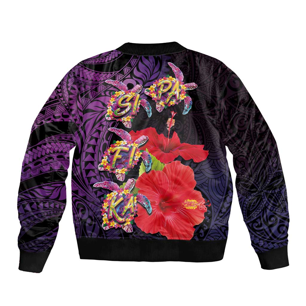 Pasifika Festival Bomber Jacket Plumeria Turtles with Hibiscus - Polynesian Art Tattoo Purple Color