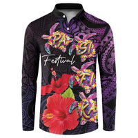 Pasifika Festival Button Sweatshirt Plumeria Turtles with Hibiscus - Polynesian Art Tattoo Purple Color LT03 Purple - Polynesian Pride