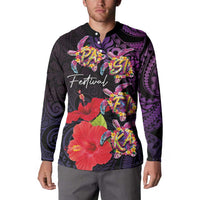 Pasifika Festival Button Sweatshirt Plumeria Turtles with Hibiscus - Polynesian Art Tattoo Purple Color LT03 - Polynesian Pride