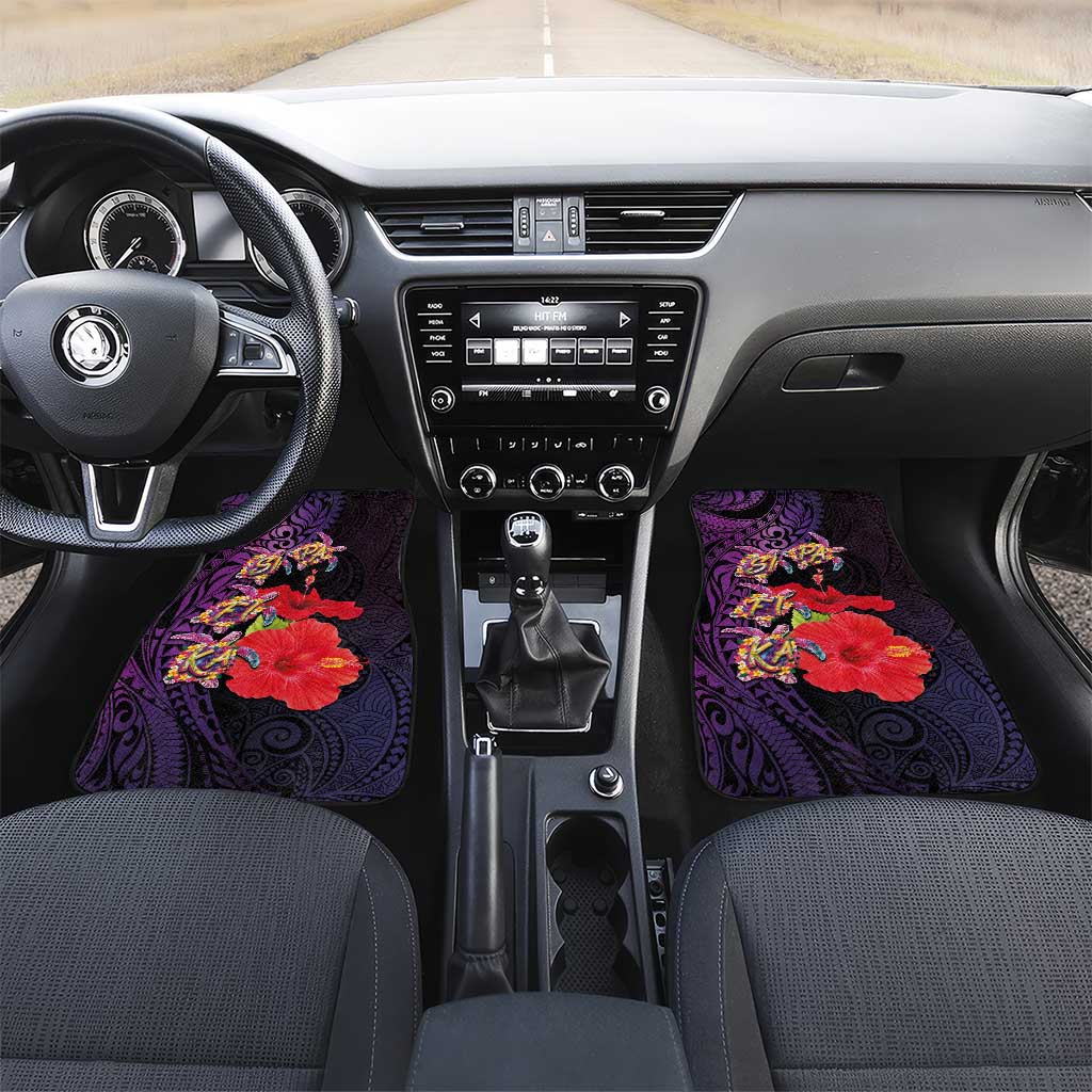 Pasifika Festival Car Mats Plumeria Turtles with Hibiscus - Polynesian Art Tattoo Purple Color