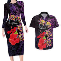 Pasifika Festival Couples Matching Long Sleeve Bodycon Dress and Hawaiian Shirt Plumeria Turtles with Hibiscus - Polynesian Art Tattoo Purple Color LT03 Purple - Polynesian Pride