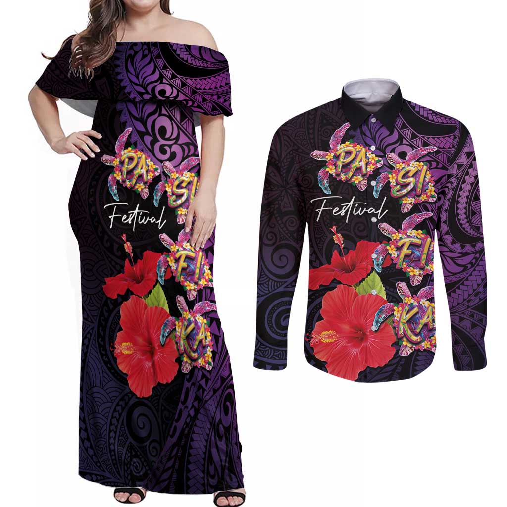 Pasifika Festival Couples Matching Off Shoulder Maxi Dress and Long Sleeve Button Shirt Plumeria Turtles with Hibiscus - Polynesian Art Tattoo Purple Color LT03 Purple - Polynesian Pride