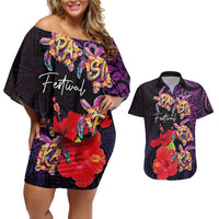 Pasifika Festival Couples Matching Off Shoulder Short Dress and Hawaiian Shirt Plumeria Turtles with Hibiscus - Polynesian Art Tattoo Purple Color