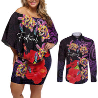 Pasifika Festival Couples Matching Off Shoulder Short Dress and Long Sleeve Button Shirt Plumeria Turtles with Hibiscus - Polynesian Art Tattoo Purple Color LT03 Purple - Polynesian Pride