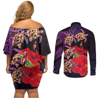 Pasifika Festival Couples Matching Off Shoulder Short Dress and Long Sleeve Button Shirt Plumeria Turtles with Hibiscus - Polynesian Art Tattoo Purple Color LT03 - Polynesian Pride