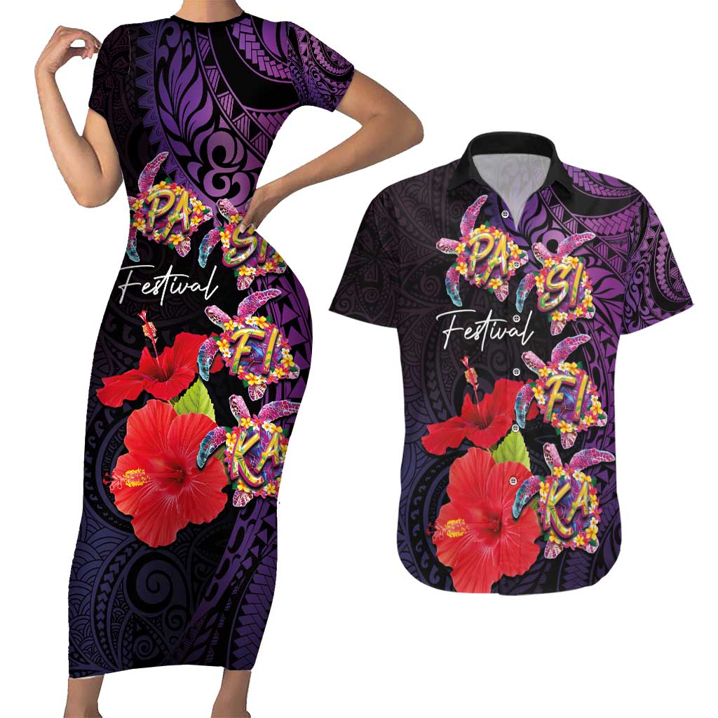 Pasifika Festival Couples Matching Short Sleeve Bodycon Dress and Hawaiian Shirt Plumeria Turtles with Hibiscus - Polynesian Art Tattoo Purple Color