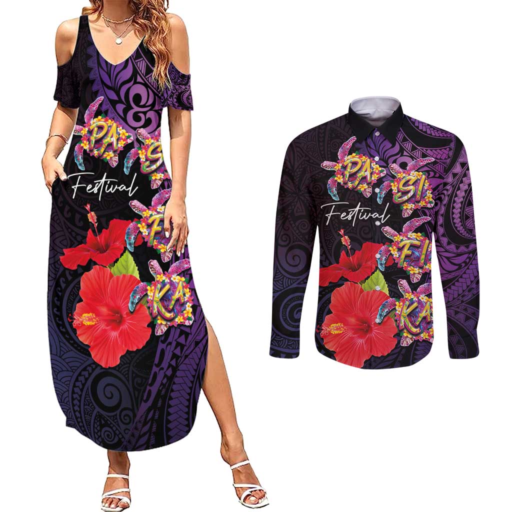Pasifika Festival Couples Matching Summer Maxi Dress and Long Sleeve Button Shirt Plumeria Turtles with Hibiscus - Polynesian Art Tattoo Purple Color LT03 Purple - Polynesian Pride