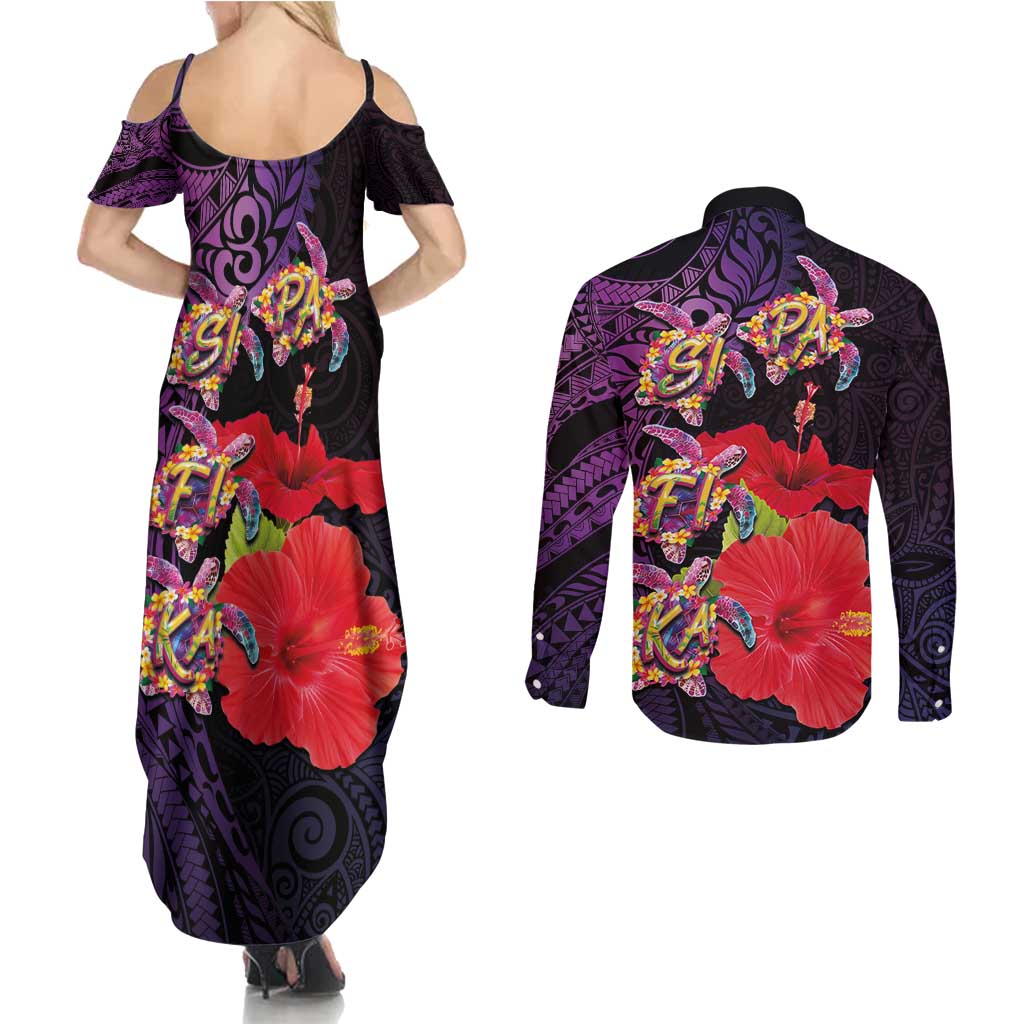 Pasifika Festival Couples Matching Summer Maxi Dress and Long Sleeve Button Shirt Plumeria Turtles with Hibiscus - Polynesian Art Tattoo Purple Color LT03 - Polynesian Pride