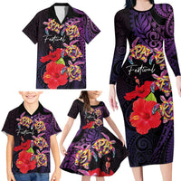 Pasifika Festival Family Matching Long Sleeve Bodycon Dress and Hawaiian Shirt Plumeria Turtles with Hibiscus - Polynesian Art Tattoo Purple Color LT03 - Polynesian Pride