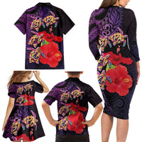 Pasifika Festival Family Matching Long Sleeve Bodycon Dress and Hawaiian Shirt Plumeria Turtles with Hibiscus - Polynesian Art Tattoo Purple Color LT03 - Polynesian Pride