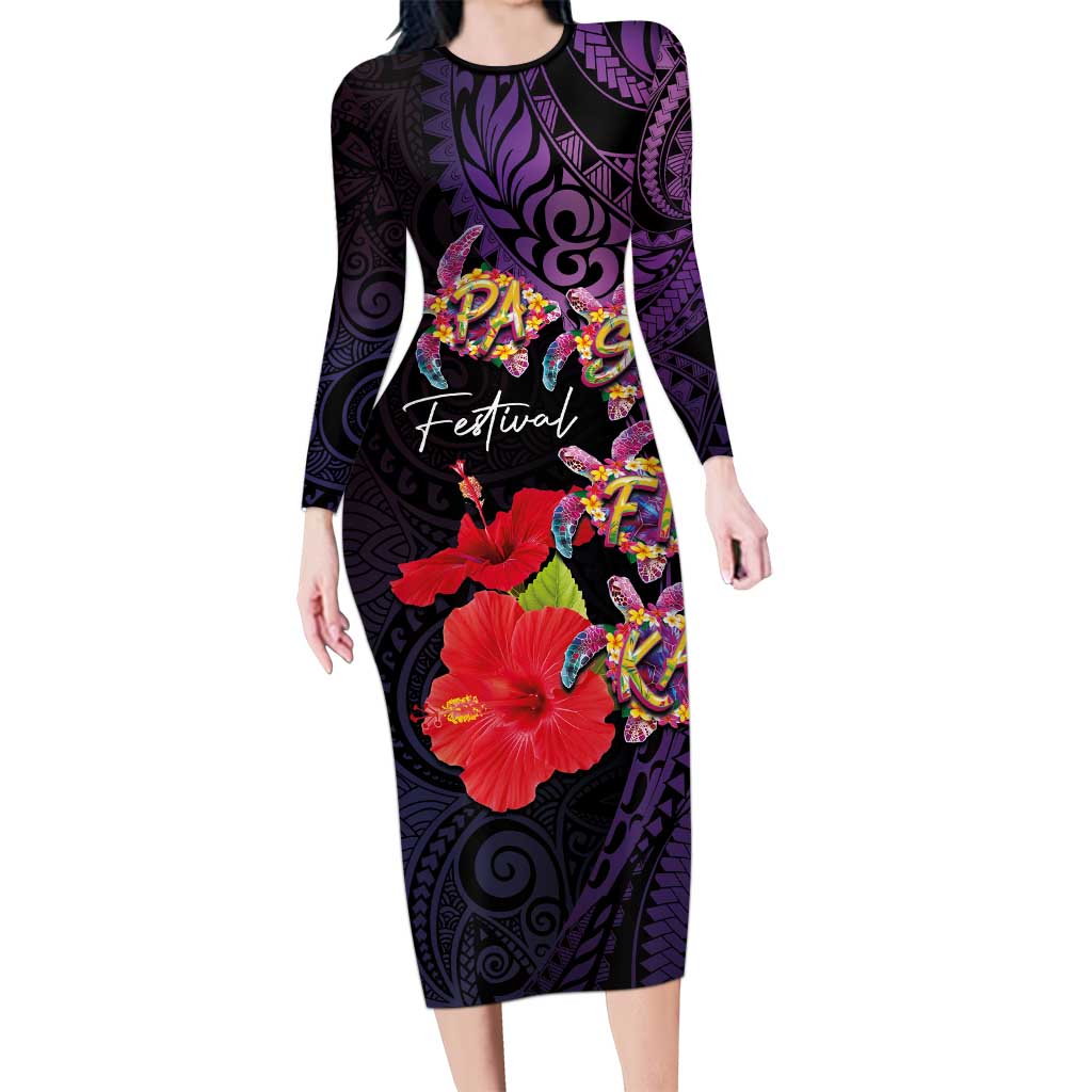 Pasifika Festival Family Matching Long Sleeve Bodycon Dress and Hawaiian Shirt Plumeria Turtles with Hibiscus - Polynesian Art Tattoo Purple Color LT03 Mom's Dress Purple - Polynesian Pride