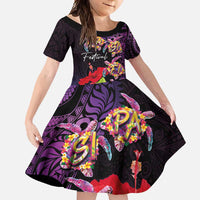 Pasifika Festival Family Matching Mermaid Dress and Hawaiian Shirt Plumeria Turtles with Hibiscus - Polynesian Art Tattoo Purple Color LT03 Daughter's Dress Purple - Polynesian Pride