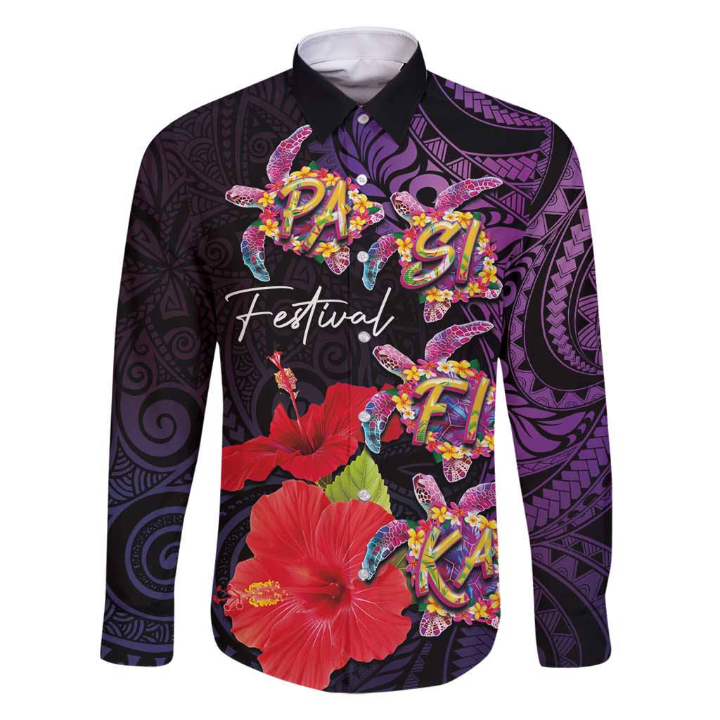 Pasifika Festival Family Matching Mermaid Dress and Hawaiian Shirt Plumeria Turtles with Hibiscus - Polynesian Art Tattoo Purple Color LT03 Dad's Shirt - Long Sleeve Purple - Polynesian Pride