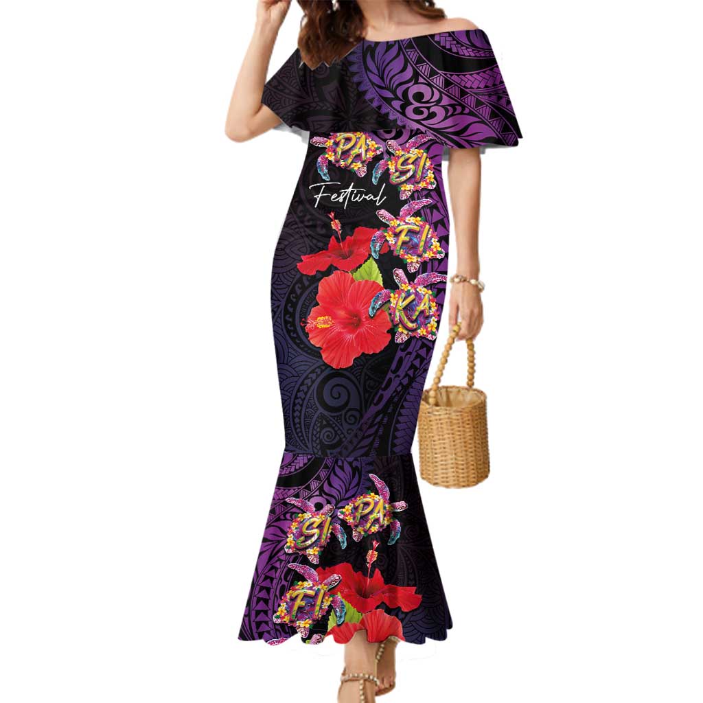 Pasifika Festival Family Matching Mermaid Dress and Hawaiian Shirt Plumeria Turtles with Hibiscus - Polynesian Art Tattoo Purple Color LT03 Mom's Dress Purple - Polynesian Pride