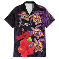 Pasifika Festival Family Matching Off Shoulder Maxi Dress and Hawaiian Shirt Plumeria Turtles with Hibiscus - Polynesian Art Tattoo Purple Color LT03 Dad's Shirt - Short Sleeve Purple - Polynesian Pride
