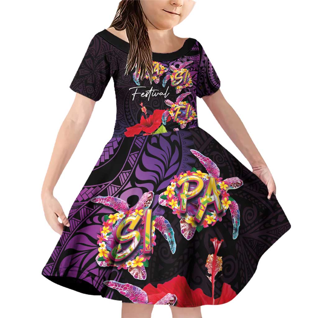 Pasifika Festival Family Matching Off Shoulder Short Dress and Hawaiian Shirt Plumeria Turtles with Hibiscus - Polynesian Art Tattoo Purple Color LT03 Daughter's Dress Purple - Polynesian Pride