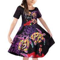 Pasifika Festival Family Matching Off Shoulder Short Dress and Hawaiian Shirt Plumeria Turtles with Hibiscus - Polynesian Art Tattoo Purple Color LT03 Daughter's Dress Purple - Polynesian Pride