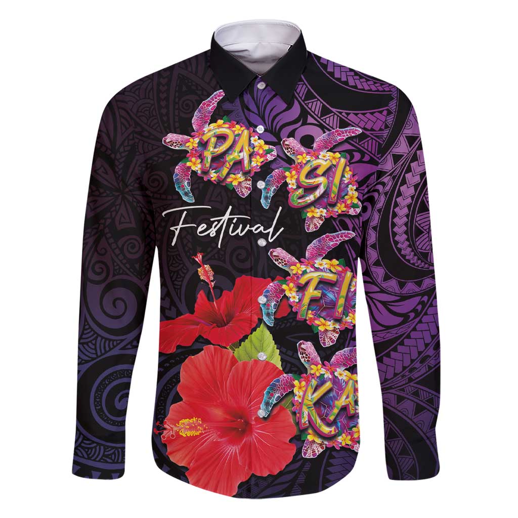 Pasifika Festival Family Matching Short Sleeve Bodycon Dress and Hawaiian Shirt Plumeria Turtles with Hibiscus - Polynesian Art Tattoo Purple Color LT03 Dad's Shirt - Long Sleeve Purple - Polynesian Pride