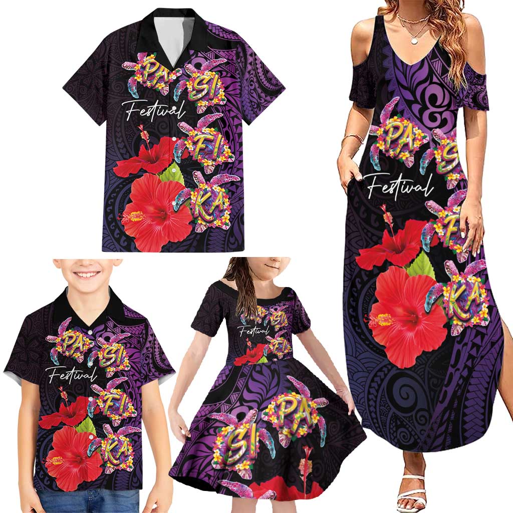 Pasifika Festival Family Matching Summer Maxi Dress and Hawaiian Shirt Plumeria Turtles with Hibiscus - Polynesian Art Tattoo Purple Color LT03 - Polynesian Pride