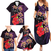 Pasifika Festival Family Matching Summer Maxi Dress and Hawaiian Shirt Plumeria Turtles with Hibiscus - Polynesian Art Tattoo Purple Color LT03 - Polynesian Pride