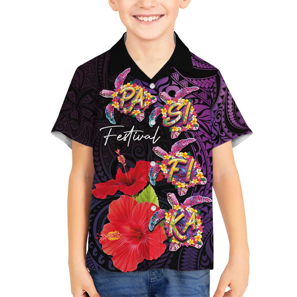 Pasifika Festival Family Matching Summer Maxi Dress and Hawaiian Shirt Plumeria Turtles with Hibiscus - Polynesian Art Tattoo Purple Color LT03 Son's Shirt Purple - Polynesian Pride
